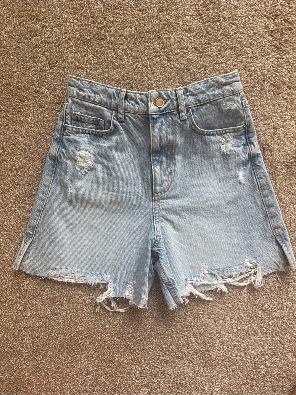 Zara Light Blue Distressed High-Rise Denim Shorts